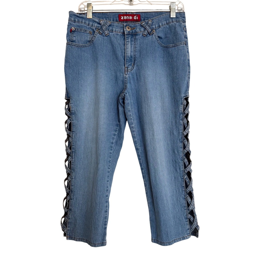 Zana-Di Lattice Side Cutout Cropped Jeans Blue Denim Capris‎ Size 11 Vintage Y2K
